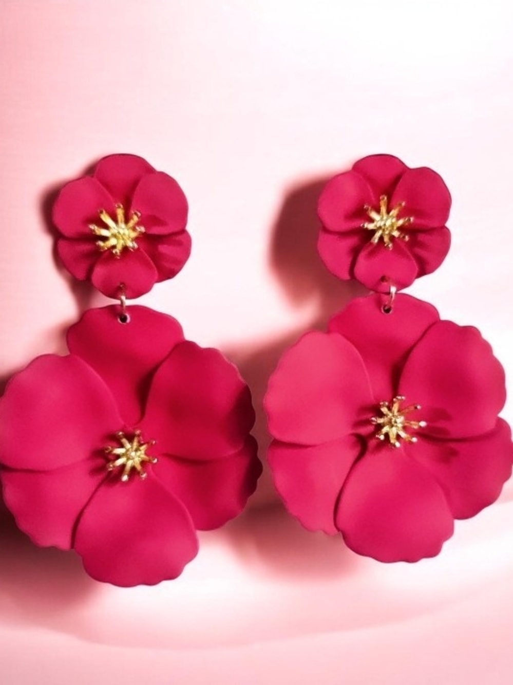 Women's Floral Metal Drop Earrings - Pink Flower Multilayer Statement